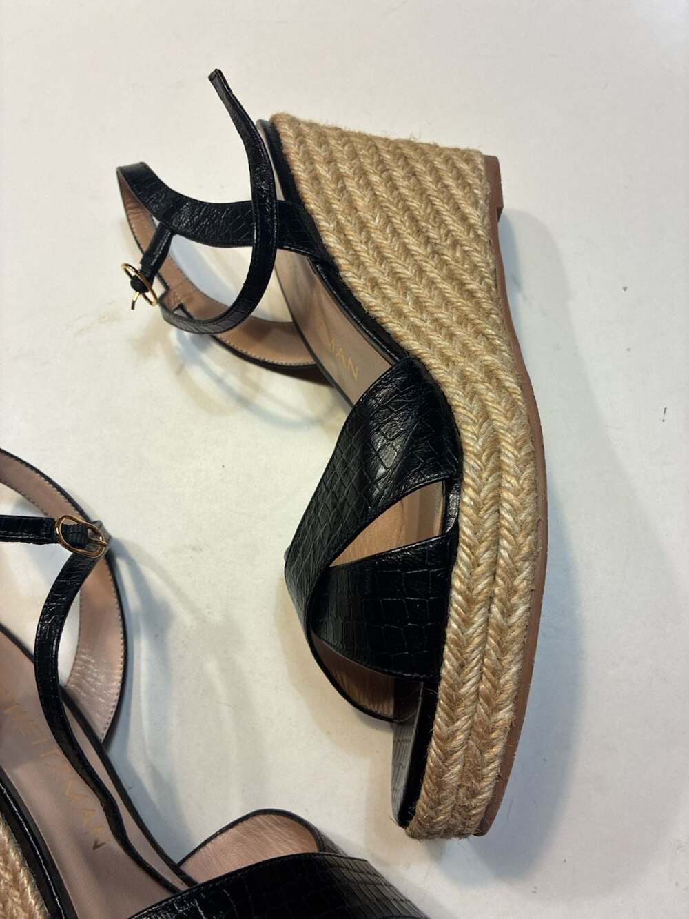 Stuart Weitzman Dayna Black Croc-Embossed Leather Espadrille Wedge Sandals - Picture 11 of 12